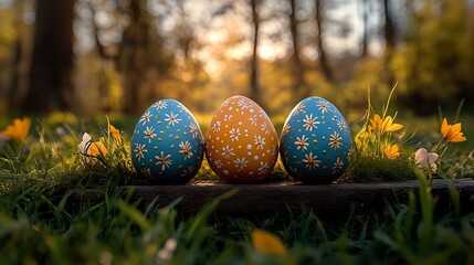 Poster - Three festive painted Easter eggs set against bright sunny background surrounded green grass meadow tree leaves A rustic wooden bench in the scene provides a perfect display area with ample copy space