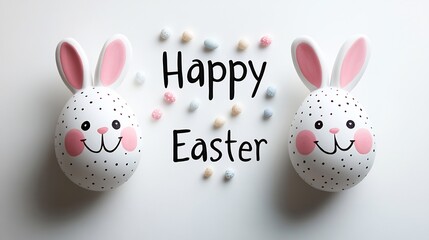 Poster - Three painted Easter eggs bunny faces smiling cheerfully arranged on a clean white background A generous space for text on the right perfect for a Happy Easter greeting in a playful font