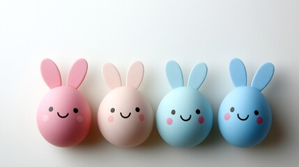 Poster - Three pastelcolored Easter eggs painted cute bunny faces arranged in a playful line with space for text above on a clean white background perfect for an Easter celebration card