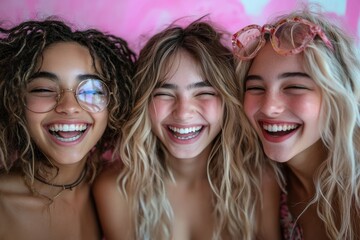 Group of young, diverse Gen Z women laugh and enjoy themselves in a vibrant studio setting, celebrating their friendship and good times, Generative AI