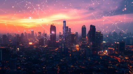 Wireless network and Connection technology concept with Abstract Bangkok city background in panorama view. 