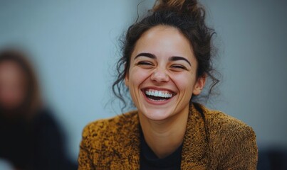 businesswoman laughing during a discussion with colleague at wor, generative ai