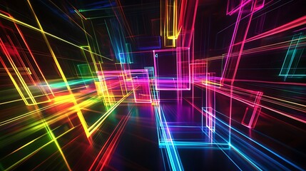 Wall Mural - An abstract background in 3D render style featuring glowing lines and neon rays forming a vibrant colorful spectrum