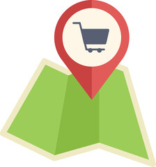 Poster - shopping cart icon pinpointing a location on a map, representing finding stores or planning shopping