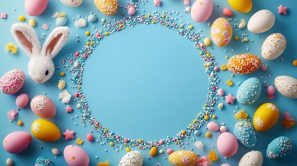 Fototapete - Top view Easter concept an empty circle surrounded by pastel yellow blue and pink eggs sprinkles and bunny ears on a soft blue background Perfect for an Easter greeting with space for text