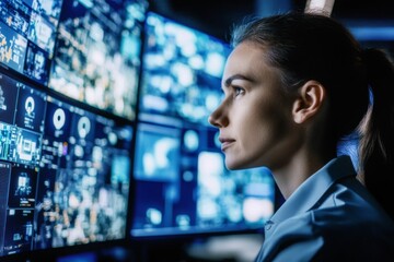 Monitoring the Digital World: A Woman Analyzes Vast Data in a High-Tech Control Room