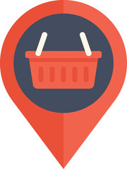 Poster - red location pin pointing to an online shopping basket, representing the concept of finding stores