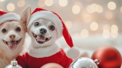 Two cheerful dogs in Santa hats, surrounded by festive ornaments and a soft, glowing background, perfect for holiday celebrations.