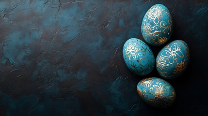 Poster - Top view of handpainted blue Easter eggs intricate patterns resting on a dark minimalistic background The stylish composition creates a modern Easter scene with copy space on the side