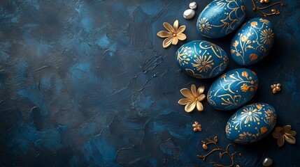 Poster - Top view of handpainted blue Easter eggs intricate patterns resting on a dark minimalistic background The stylish composition creates a modern Easter scene with copy space on the side