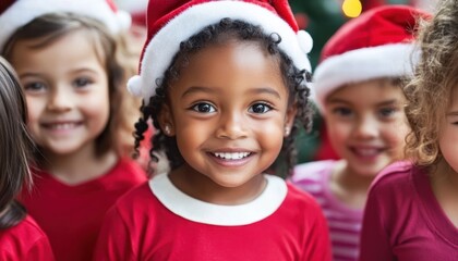 Joyful multicultural group of children celebrating Christmas with Santa hats