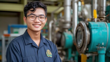 Professional engineer in uniform working in a factory during the day