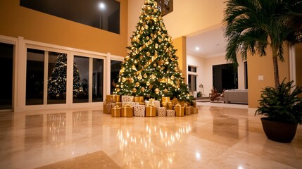 A beautifully decorated Christmas tree with presents in a spacious room.