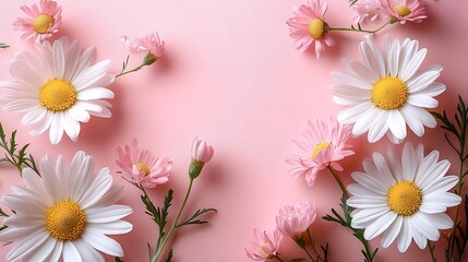 Poster - Top view of white daisy chamomile flowers gently placed a pale pink backdrop capturing a minimalist lifestyle concept Perfect for a springinspired design with soft tones and ample text space