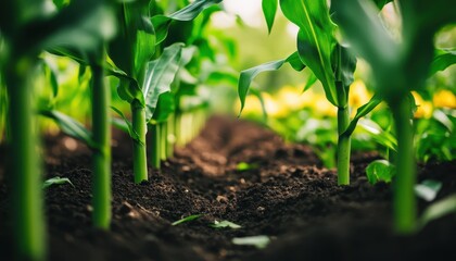 Healthy organic maize plants emerging from fertile soil in a rural sweet corn field