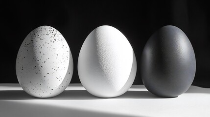 Poster - Trio of monochromatic Easter eggs arranged a minimal pattern on a plain white surface Soft shadows and simple lines add depth while leaving ample space for text perfect for a modern card