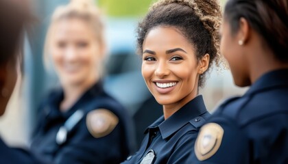 Smiling black female police officer engaging with colleagues during a team discussion