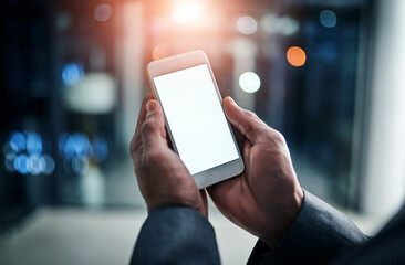 Aufkleber - businessman hands holding phone with white screen template in modern office. closeup businessperson 