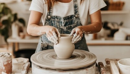 Hands shaping clay on a pottery wheel for a ceramic vase in a cozy studio