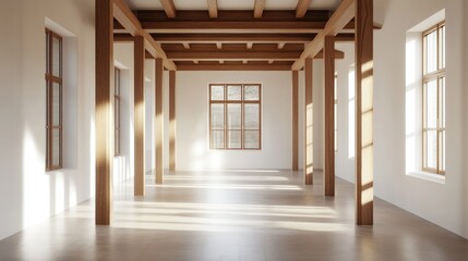 Poster - 3D rendering of a spacious empty hallway featuring wooden beams and windows framed by white walls in a contemporary home