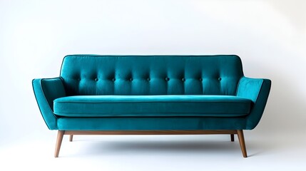 Poster - Striking Mid Century Modern Teal Sofa with Tapered Wooden Legs on Crisp White Background