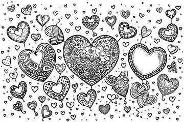 Coloring book illustration of a romantic theme with hearts and love symbols on a white background