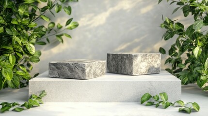Poster - Green leaves and stone slabs on a white podium showcasing product display 3D rendering