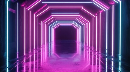 Poster - Futuristic neon glowing lines illuminate a dark tunnel creating reflections on the floor and ceiling with an empty central background Abstract 3D rendering evokes a high tech ambiance