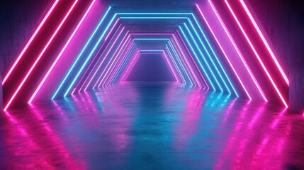 Poster - Futuristic neon glowing lines illuminate a dark tunnel creating reflections on the floor and ceiling with an empty central background Abstract 3D rendering of technology inspired scenery