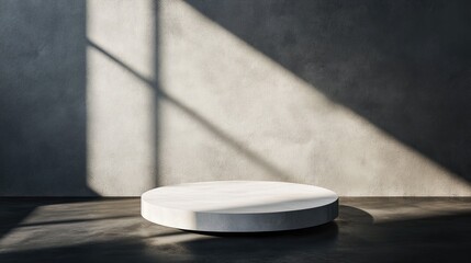 Poster - Elegant white stone mockup podium positioned above a dark floor surface casting shadows on the wall suitable for branding and packaging presentation design