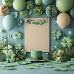 Fototapete - Vibrant scene featuring empty paper banner for St Patrick's Day surrounded by decorative balloons and clovers with a charming hat placed at the center against a playful background