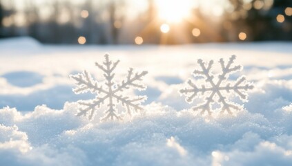 Two snowflakes resting on a snowy surface with sunlight in the background.