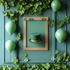 Fototapete - Vibrant scene featuring empty paper banner for St Patrick's Day surrounded by decorative balloons and clovers with a charming hat placed at the center against a playful background