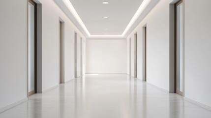 modern hallway with white walls and doors, featuring well lit atmosphere that creates sense of spaciousness and tranquility. design emphasizes simplicity and elegance. 