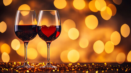 Two Glasses of Red Wine with Heart Shape on Table Against Festive Golden Bokeh Background, Perfect for Love, Anniversary, Birthday Celebration Concepts