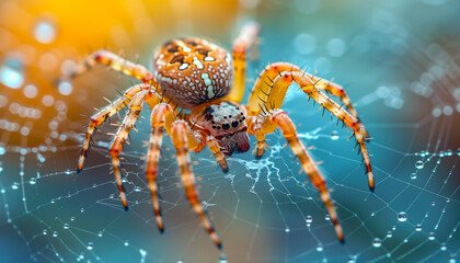 A spider is on a web and it is brown and white. The spider is looking at the camera