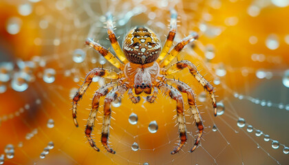 A spider is standing on a web with water droplets on it. The spider is brown and white