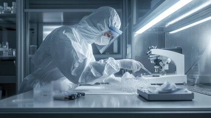 Poster - scientist in full protective suit carefully examines samples under microscope in laboratory setting, showcasing precision and focus