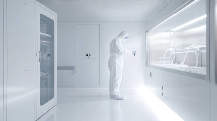 Poster - scientist in protective suit carefully uses pipette in sterile laboratory environment, showcasing precision and focus in their work