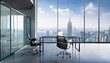 © l1gend - Modern office interior with glass desk and city view. 3D Rendering