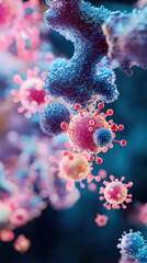 Poster - Detailed close up of colorful antibodies and viruses in vibrant plasma environment, showcasing intricate structures and interactions. image evokes sense of scientific discovery and exploration