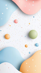 Poster - Vibrant pastel background with abstract shapes and colorful spheres creates playful and cheerful atmosphere, perfect for various design projects