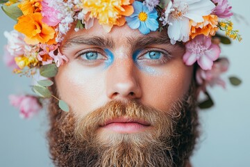 Bearded male with floral makeup, Generative AI