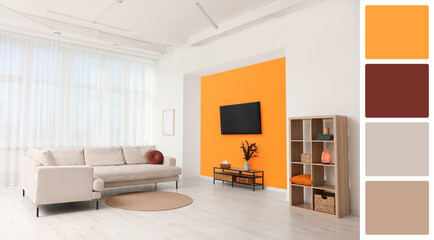 Poster - Stylish living room with comfortable sofa near window. Interior design and matching color palette