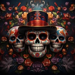 Wall Mural - Sugar Skulls with Floral Decoration