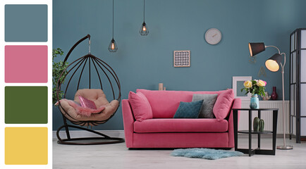 Poster - Stylish living room with comfortable sofa near color wall. Interior design and matching color palette