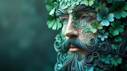 Poster - Whimsical paper art illustration of Irish man's face decorated with clovers and floral accents featuring a soft background that provides generous copy space perfect for St Patrick's Day messages