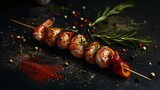 Spanish prawns on a skewer with peppers, isolated on a charcoal background with rosemary sprigs and smoked paprika