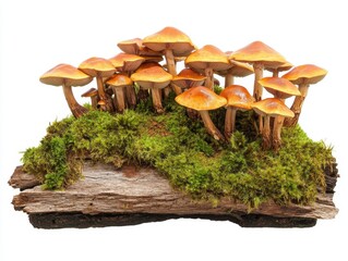 Mushrooms on a stump overgrown with green moss, isolated on a transparent background, photo