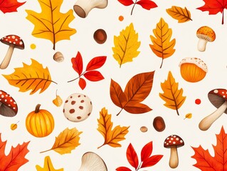 Autumn pattern of yellow and red fall leaves, mushrooms, pumpkins, seamless background, wallpaper, vector illustration. 